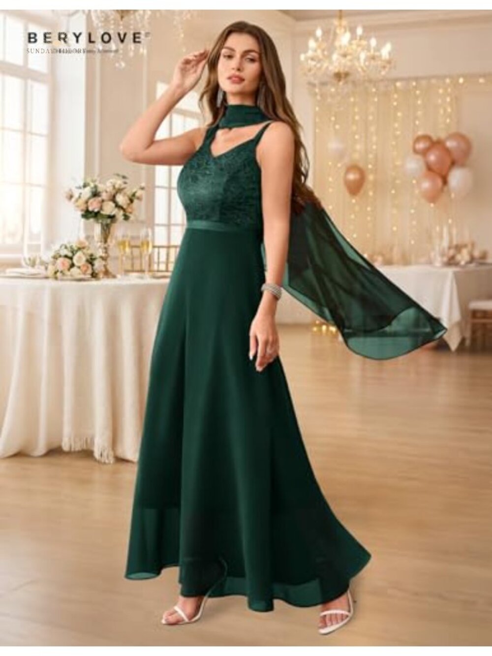 Sequin Lace Formal Evening Wedding Guest Maxi Dress with Chiffon Shawl - Picture 5 of 6